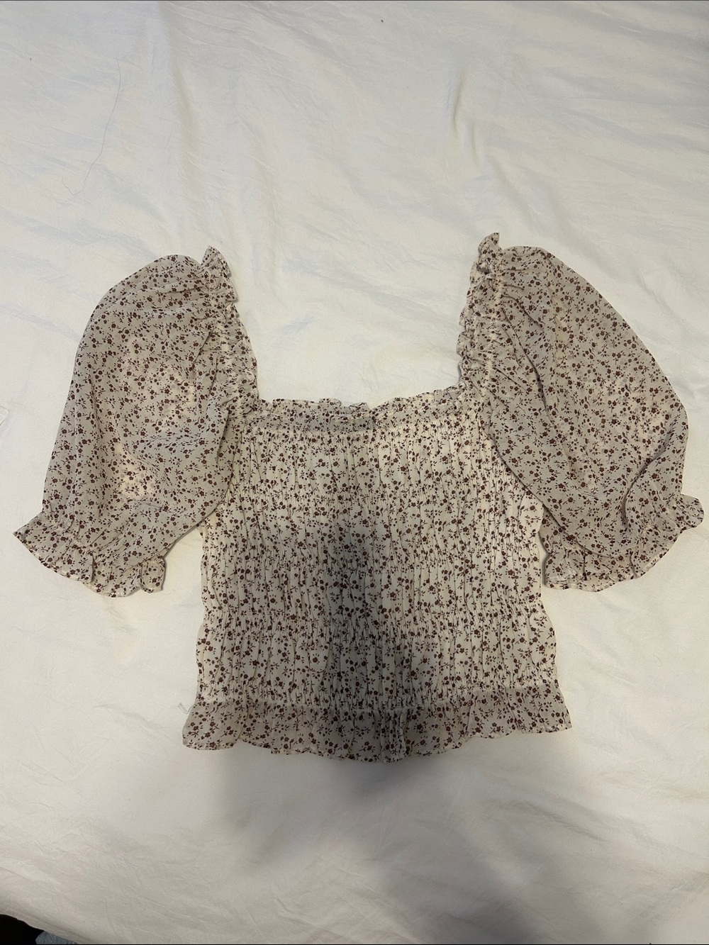 Cotton Candy Beige Floral Smocked Puff Sleeve Top